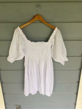 White Smocked Puff Sleeve Mini Dress